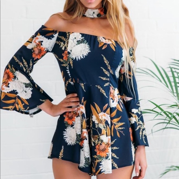 Navy Blue Floral Print Choker Romper Playsuit - Picture 4 of 6